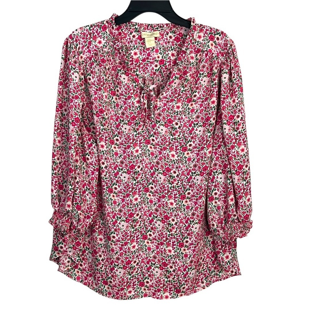 Cynthia Rowley Pink Floral Smocked Cuff Blouse Split Tie Neck Top - Size 2X